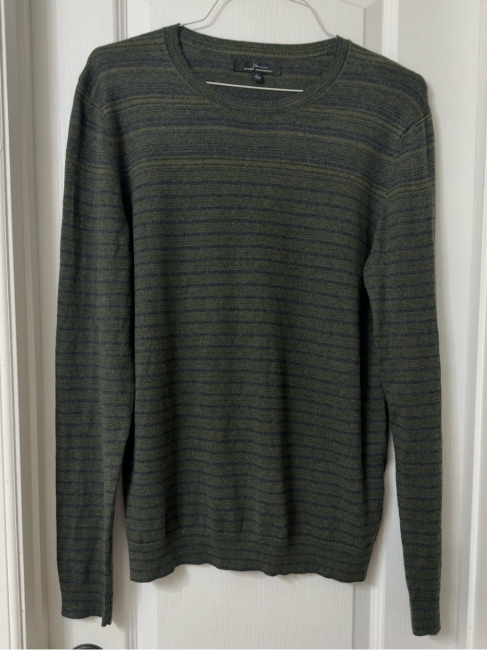 Marc Anthony Cotton Cashmere Crewneck Long Sleeve Sweater Dark Green Stripes L